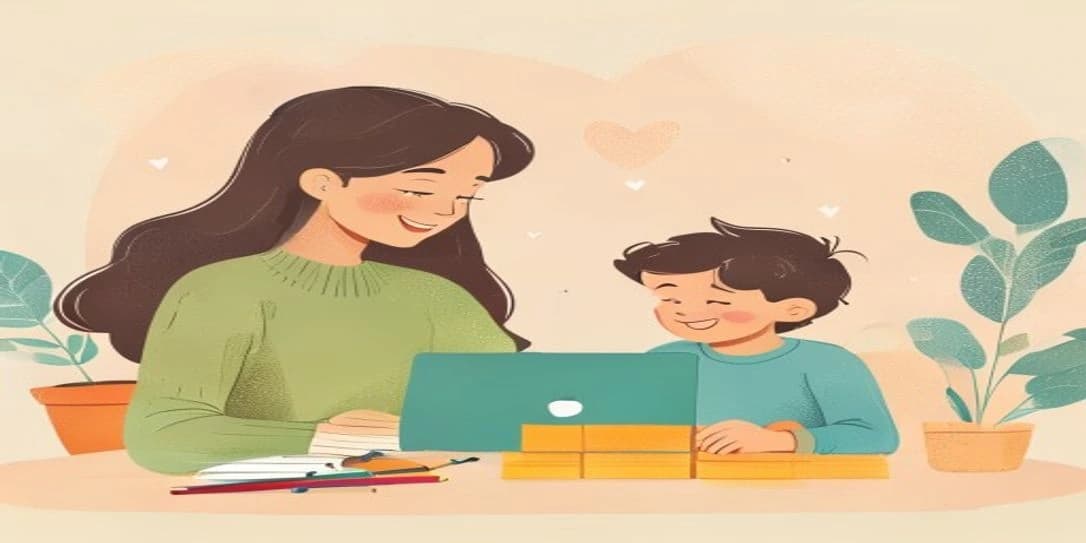 Ilustración de una terapeuta acompañando a un niño con juegos educativos